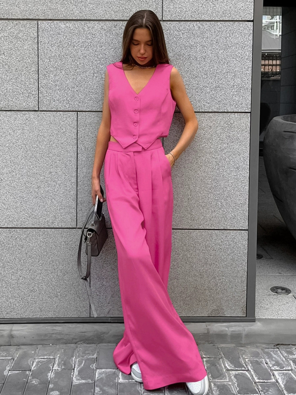 Forever 21 Summer Faux Acetate Satin Short Vest and Pants Set Pink
